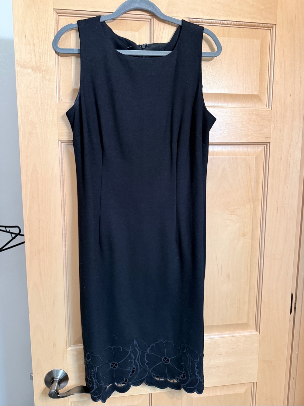 Talbots Black Sleeveless Sheath Dress with Scalloped Floral Hem